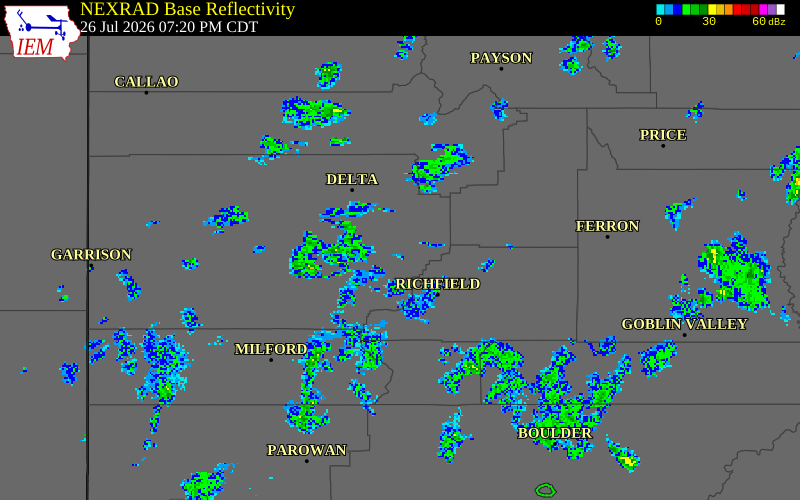 NEXRAD radar during the Sunday, July 26, 2026 storm activity in Millard County, Utah
