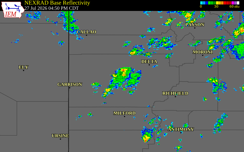 NEXRAD radar during the Monday, July 27, 2026 storm activity in Millard County, Utah
