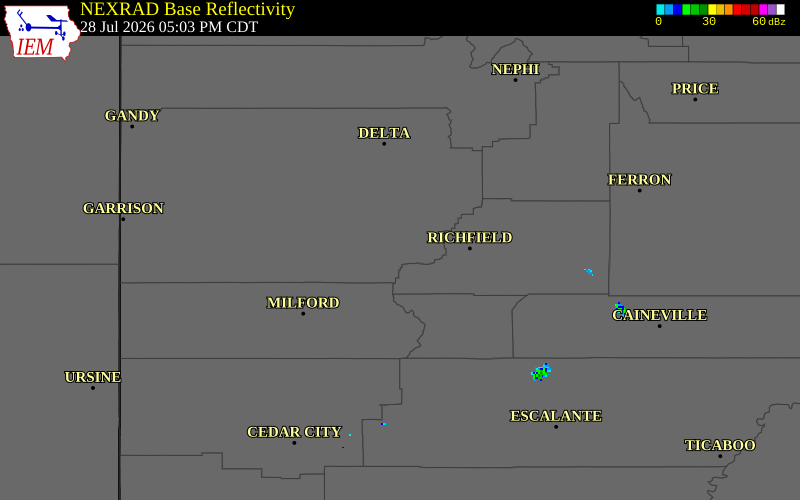 NEXRAD radar during the Tuesday, July 28, 2026 storm activity in Millard County, Utah