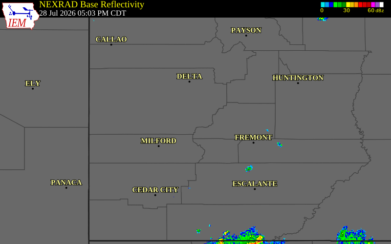 Radar snapshot during the Jul 28, 2026 tornado event near 4 SW Kanosh, Millard County, Utah, with NWS warning polygons