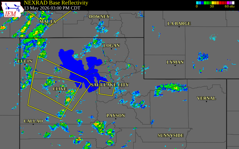 Radar snapshot during the May 13, 2026 wind event near 4 NE Stoddard, Morgan County, Utah, with NWS warning polygons