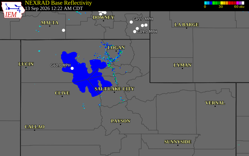 Current NEXRAD radar over Morgan County, Utah with recent storm report locations
