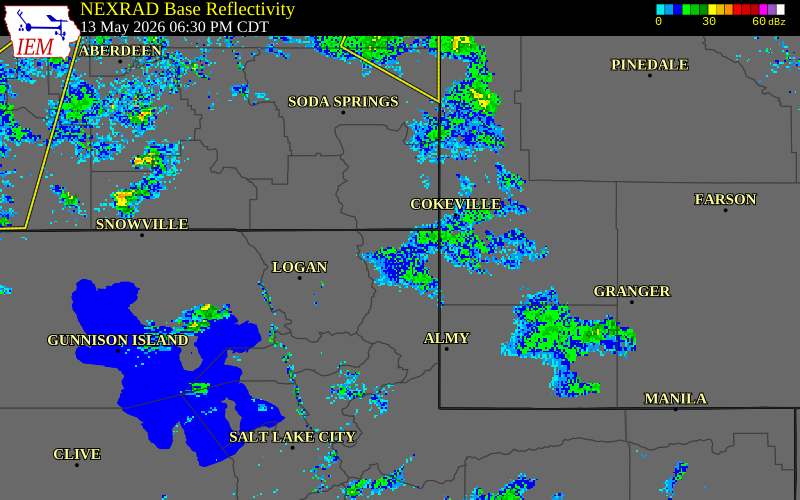 NEXRAD radar during the Wednesday, May 13, 2026 storm activity in Rich County, Utah