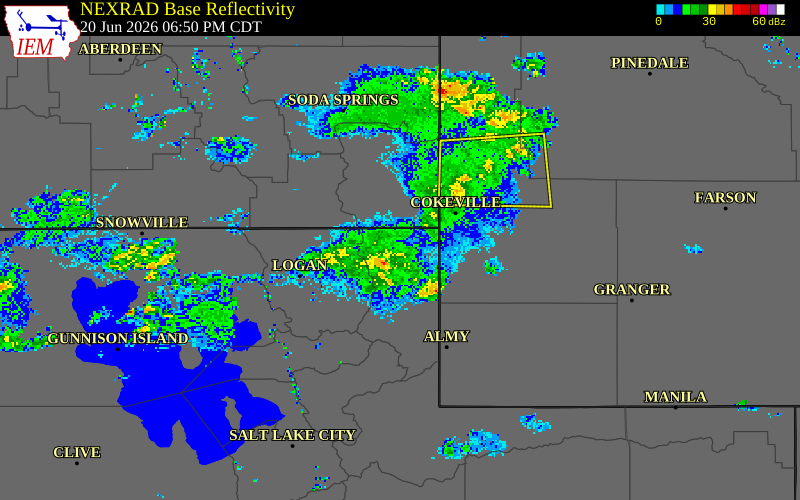 NEXRAD radar during the Saturday, June 20, 2026 storm activity in Rich County, Utah