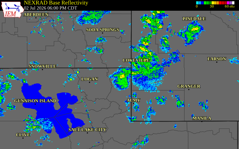 NEXRAD radar during the Thursday, July 2, 2026 storm activity in Rich County, Utah