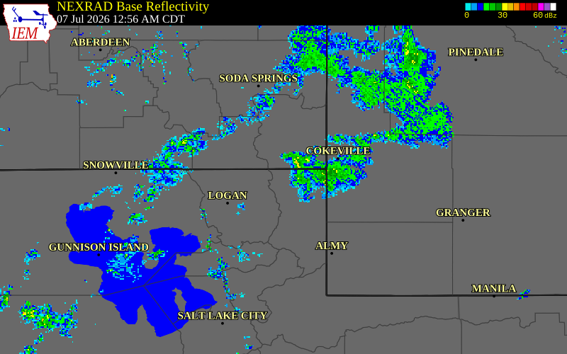 NEXRAD radar during the Monday, July 6, 2026 storm activity in Rich County, Utah