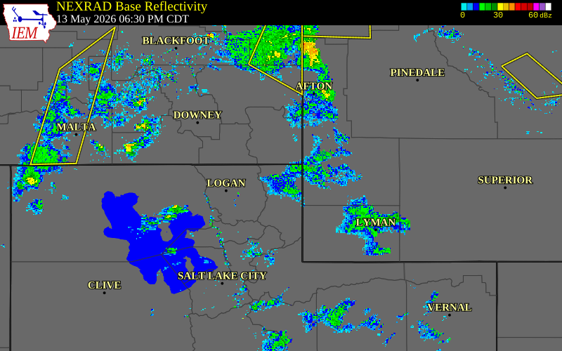 Radar snapshot during the May 13, 2026 wind event near 5 NNE Laketown, Rich County, Utah, with NWS warning polygons