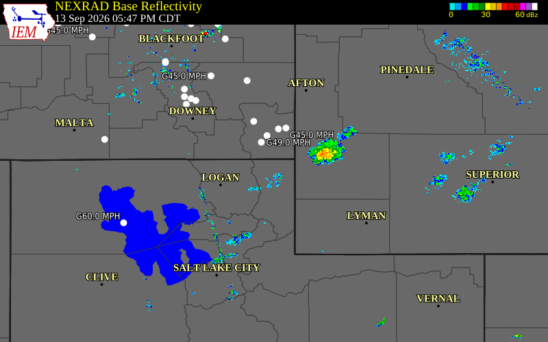 Current NEXRAD radar over Rich County, Utah with recent storm report locations
