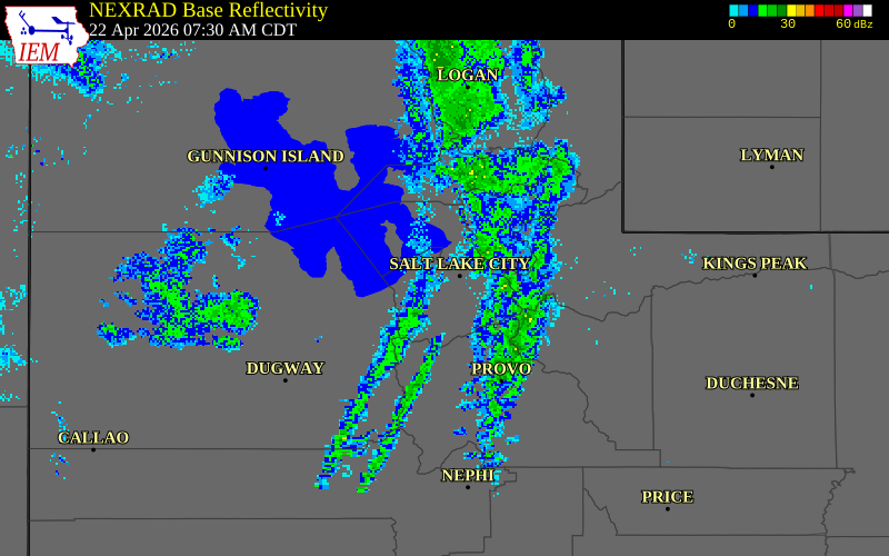 NEXRAD radar during the Wednesday, April 22, 2026 storm activity in Salt Lake County, Utah