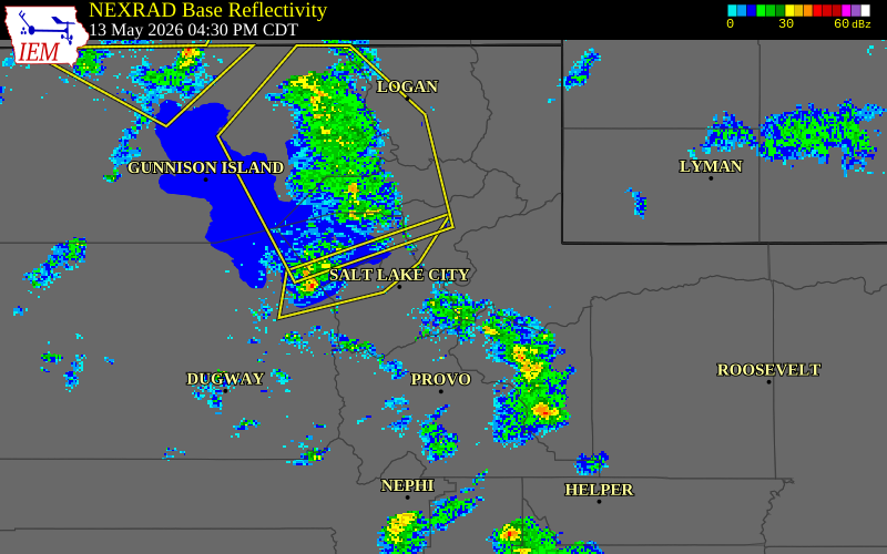 NEXRAD radar during the Wednesday, May 13, 2026 storm activity in Salt Lake County, Utah