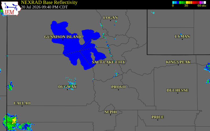 NEXRAD radar during the Monday, July 20, 2026 storm activity in Salt Lake County, Utah