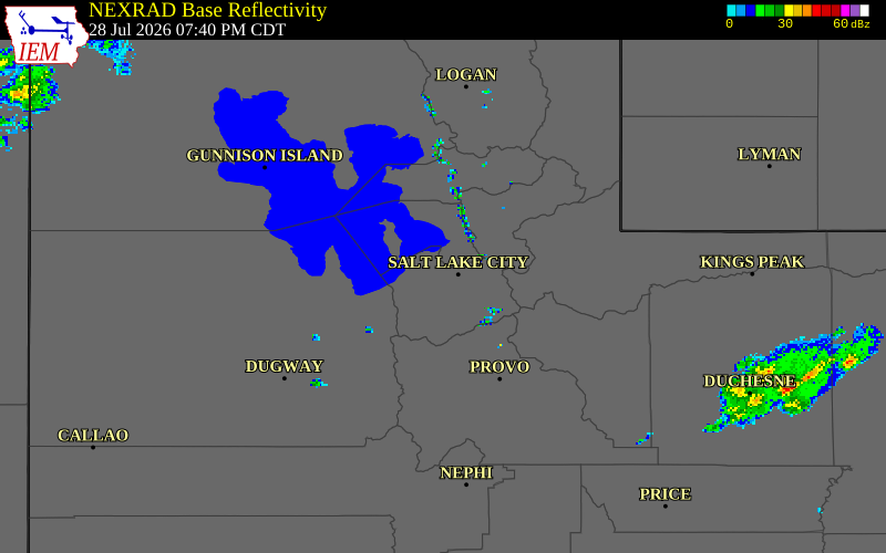 NEXRAD radar during the Tuesday, July 28, 2026 storm activity in Salt Lake County, Utah