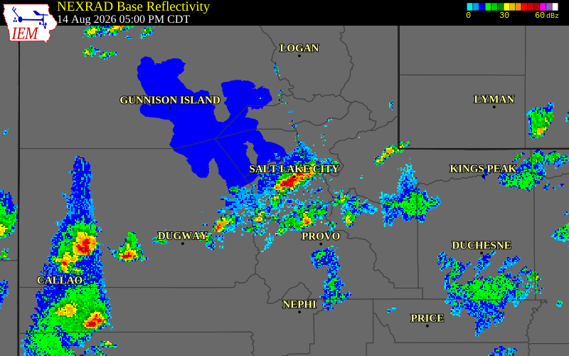 NEXRAD radar during the Friday, August 14, 2026 storm activity in Salt Lake County, Utah