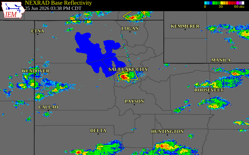 Radar snapshot during the Jun 25, 2026 hail event near 2 NW Taylorsville, Salt Lake County, Utah, with NWS warning polygons