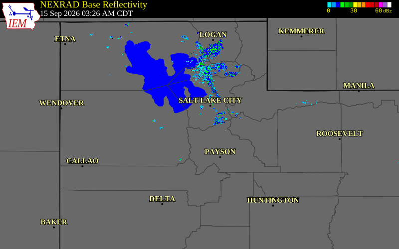 Current NEXRAD radar over Salt Lake County, Utah with recent storm report locations