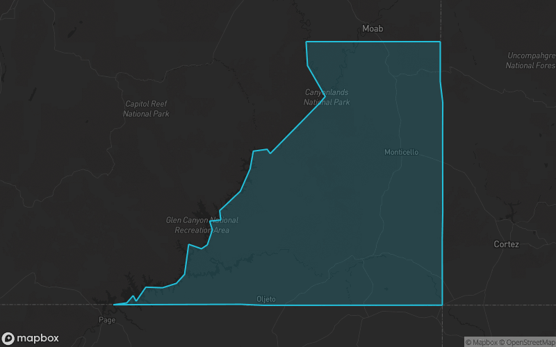 Map of San Juan County, Utah showing the county boundary and surrounding cities