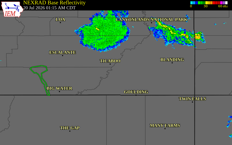 NEXRAD radar during the Monday, July 20, 2026 storm activity in San Juan County, Utah