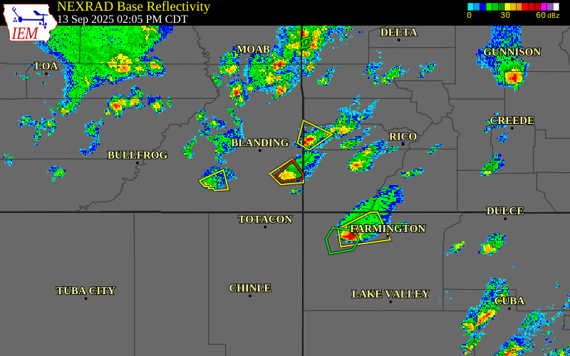 Radar snapshot during the Sep 13, 2025 tornado event near 8 NE Montezuma Creek, San Juan County, Utah, with NWS warning polygons