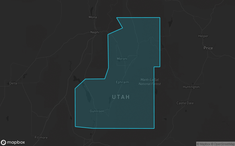 Map of Sanpete County, Utah showing the county boundary and surrounding cities