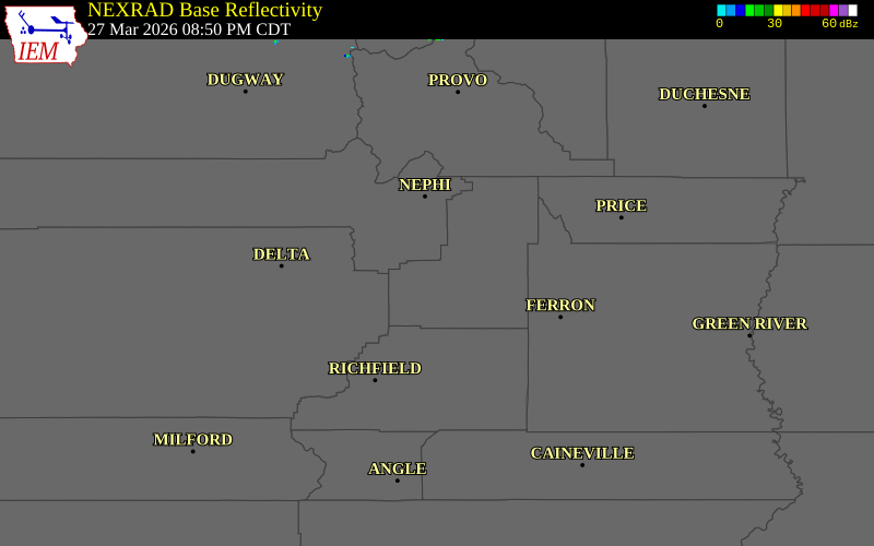 NEXRAD radar during the Friday, March 27, 2026 storm activity in Sanpete County, Utah