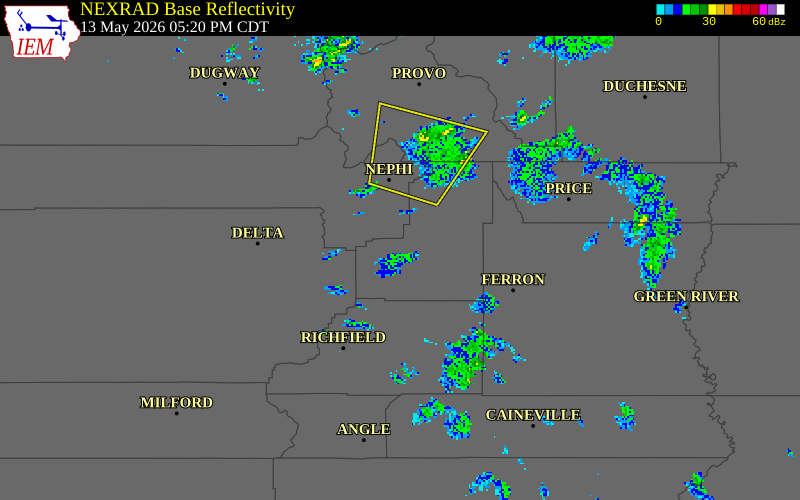 NEXRAD radar during the Wednesday, May 13, 2026 storm activity in Sanpete County, Utah