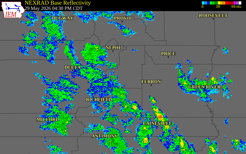 NEXRAD radar during the Friday, May 29, 2026 storm activity in Sanpete County, Utah