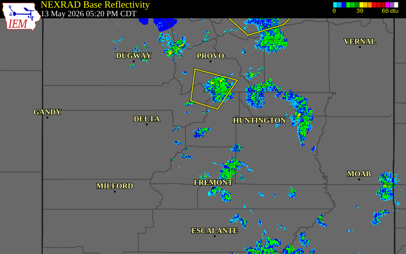 Radar snapshot during the May 13, 2026 wind event near 8 WNW Manti, Sanpete County, Utah, with NWS warning polygons
