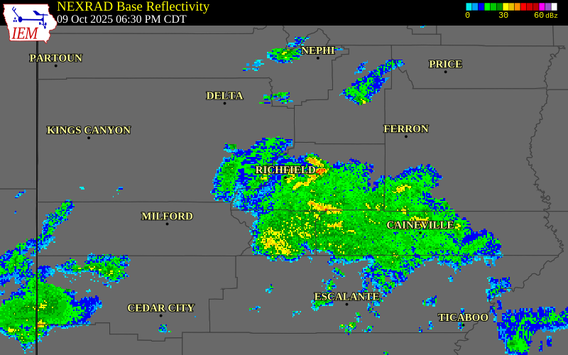 NEXRAD radar during the Thursday, October 9, 2025 storm activity in Sevier County, Utah