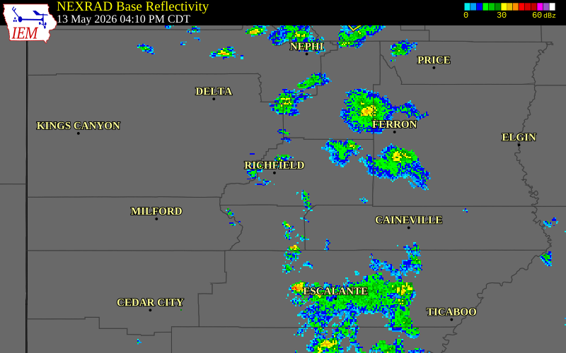 NEXRAD radar during the Wednesday, May 13, 2026 storm activity in Sevier County, Utah