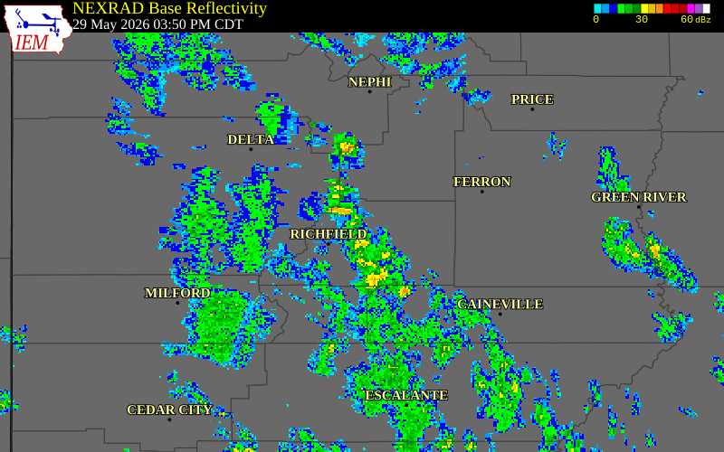 NEXRAD radar during the Friday, May 29, 2026 storm activity in Sevier County, Utah