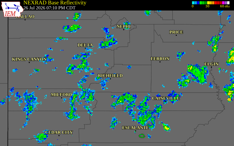 NEXRAD radar during the Sunday, July 26, 2026 storm activity in Sevier County, Utah