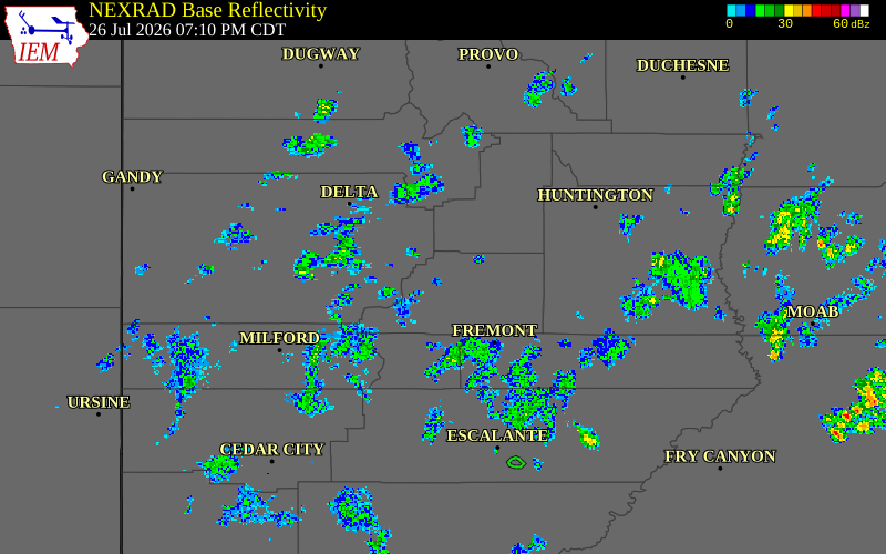 Radar snapshot during the Jul 26, 2026 wind event near 2 NNE Sigurd, Sevier County, Utah, with NWS warning polygons
