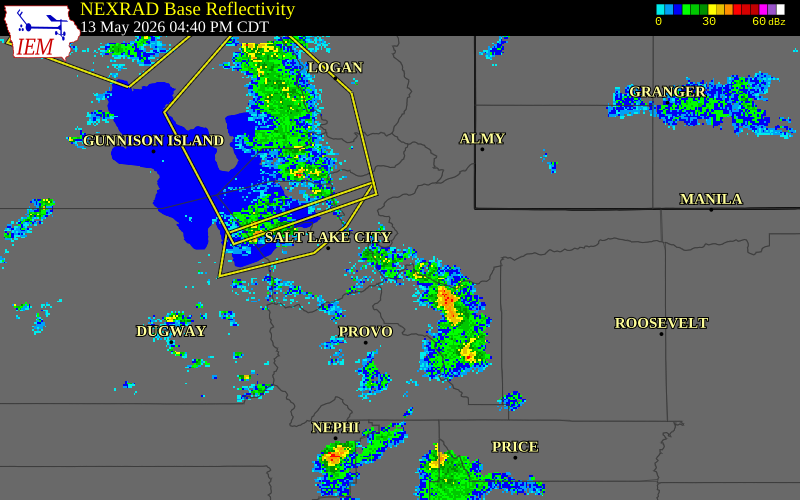 NEXRAD radar during the Wednesday, May 13, 2026 storm activity in Summit County, Utah