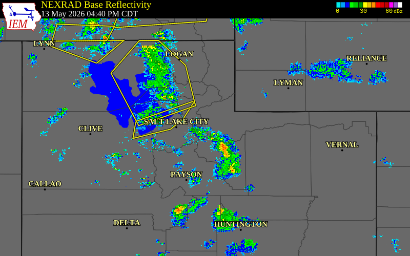 Radar snapshot during the May 13, 2026 wind event near 3 NNW East Basin, Summit County, Utah, with NWS warning polygons