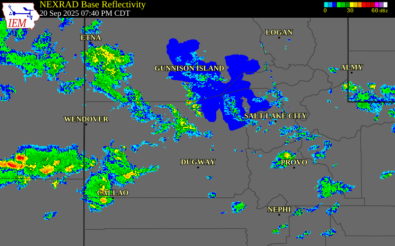 NEXRAD radar during the Saturday, September 20, 2025 storm activity in Tooele County, Utah