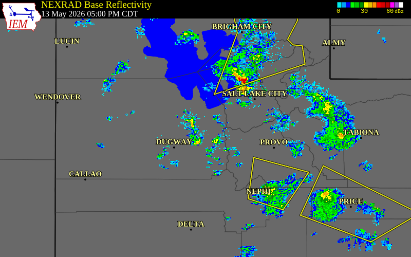 NEXRAD radar during the Wednesday, May 13, 2026 storm activity in Tooele County, Utah