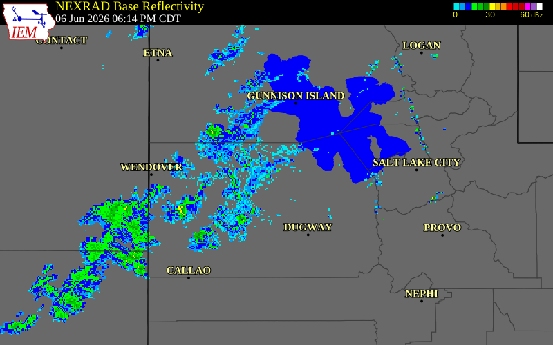 NEXRAD radar during the Saturday, June 6, 2026 storm activity in Tooele County, Utah