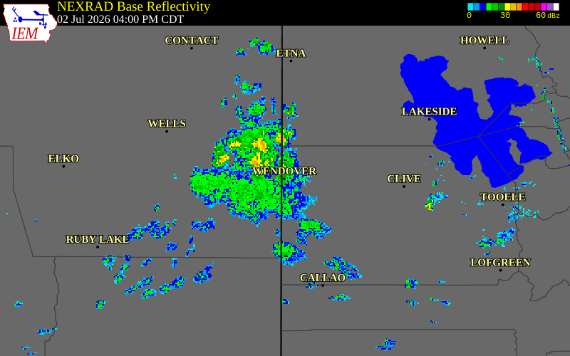 NEXRAD radar during the Thursday, July 2, 2026 storm activity in Tooele County, Utah