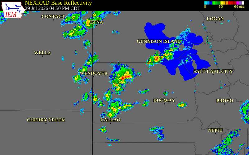 NEXRAD radar during the Wednesday, July 29, 2026 storm activity in Tooele County, Utah