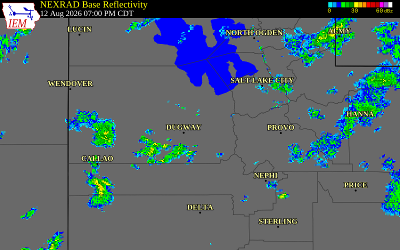 NEXRAD radar during the Wednesday, August 12, 2026 storm activity in Tooele County, Utah
