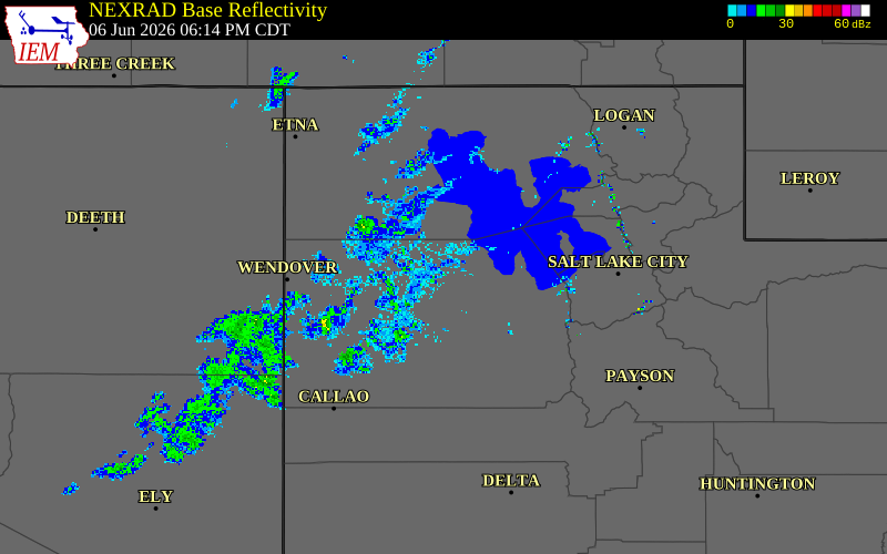 Radar snapshot during the Jun 6, 2026 wind event near 7 NNE Clive, Tooele County, Utah, with NWS warning polygons