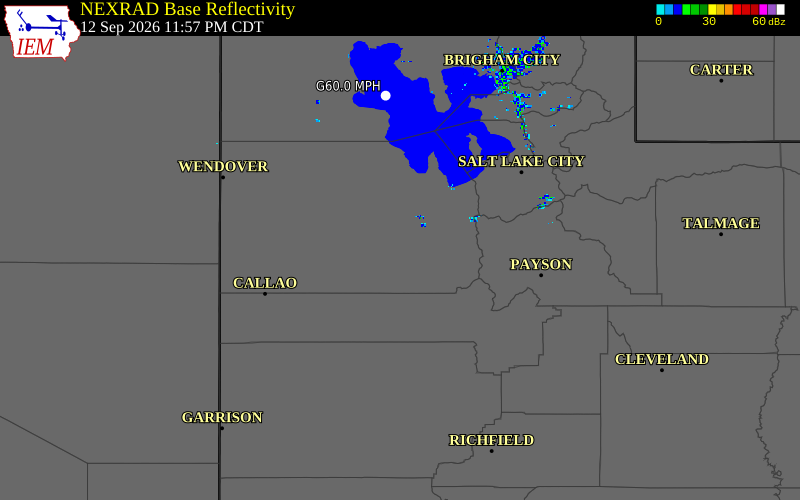Current NEXRAD radar over Tooele County, Utah with recent storm report locations