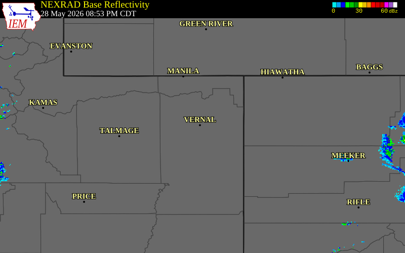 NEXRAD radar during the Thursday, May 28, 2026 storm activity in Uintah County, Utah