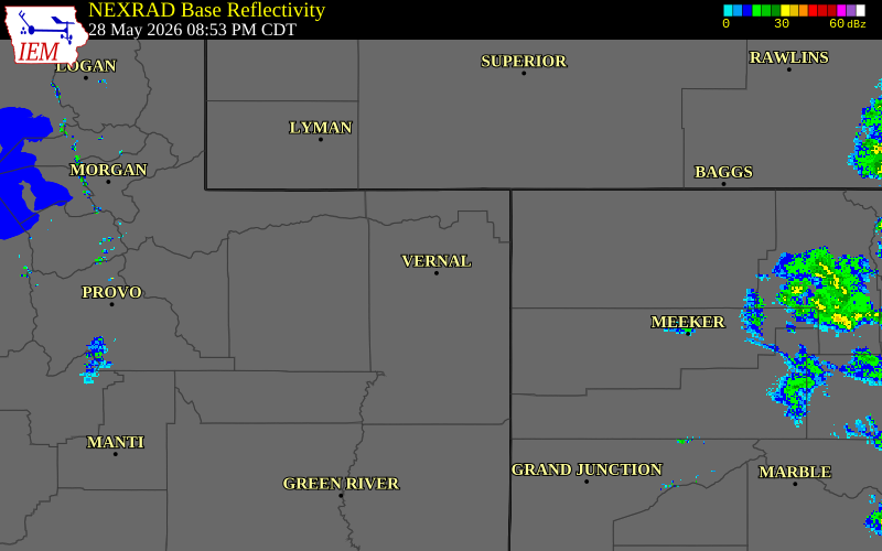 Radar snapshot during the May 28, 2026 wind event near 1 ESE Vernal, Uintah County, Utah, with NWS warning polygons
