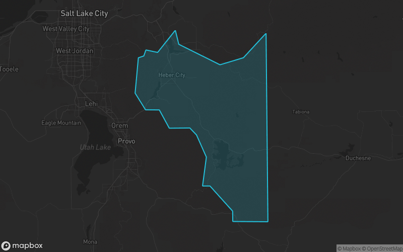 Map of Wasatch County, Utah showing the county boundary and surrounding cities