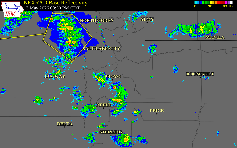 NEXRAD radar during the Wednesday, May 13, 2026 storm activity in Wasatch County, Utah