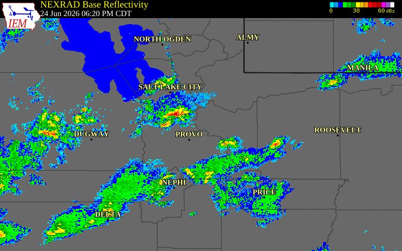 NEXRAD radar during the Wednesday, June 24, 2026 storm activity in Wasatch County, Utah