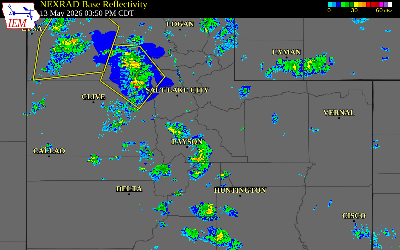 Radar snapshot during the May 13, 2026 wind event near 2 ESE Sundance, Wasatch County, Utah, with NWS warning polygons