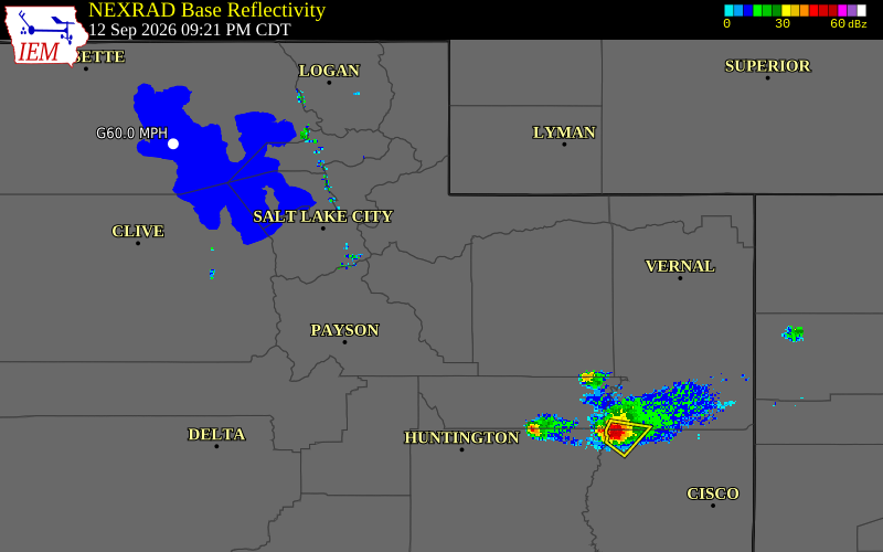 Current NEXRAD radar over Wasatch County, Utah with recent storm report locations