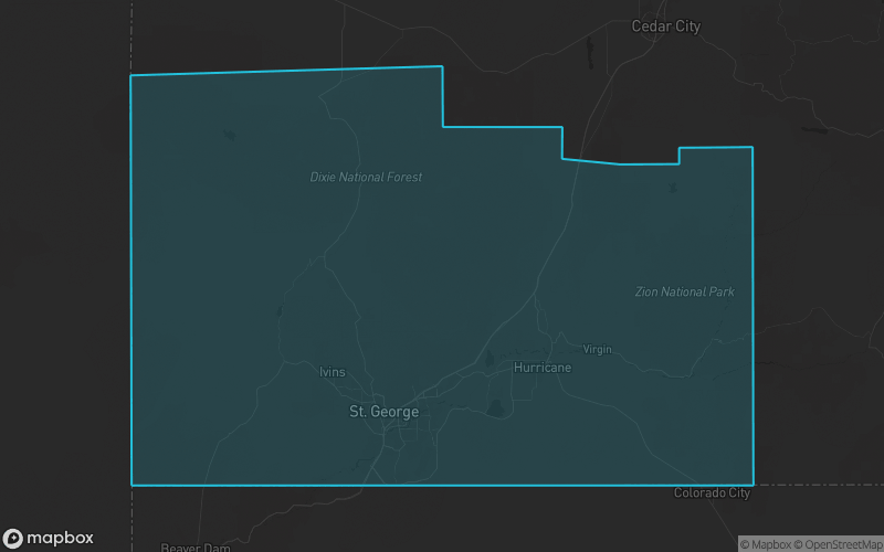 Map of Washington County, Utah showing the county boundary and surrounding cities